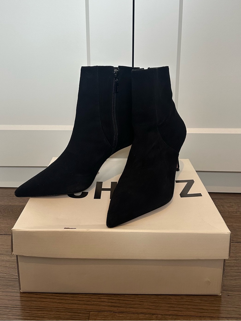 SCHUTZ Bette Suede Black Pointed Toe Ankle Boots